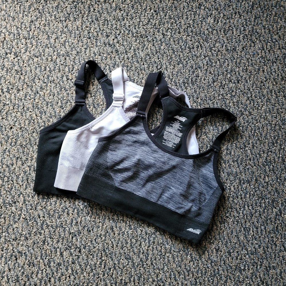 Bundle of Three Used Avia Sports Bra, Gray, Black and Off White, All Size Large